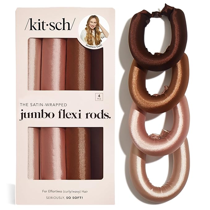 Kitsch Satin Jumbo Flexi Rods, Heatless Curling Rods - No Heat Curls Overnight, Comfortable Hair Curlers to Sleep In for Frizz-Free and No Heat Damage Styling - 4pcs, Rosewood