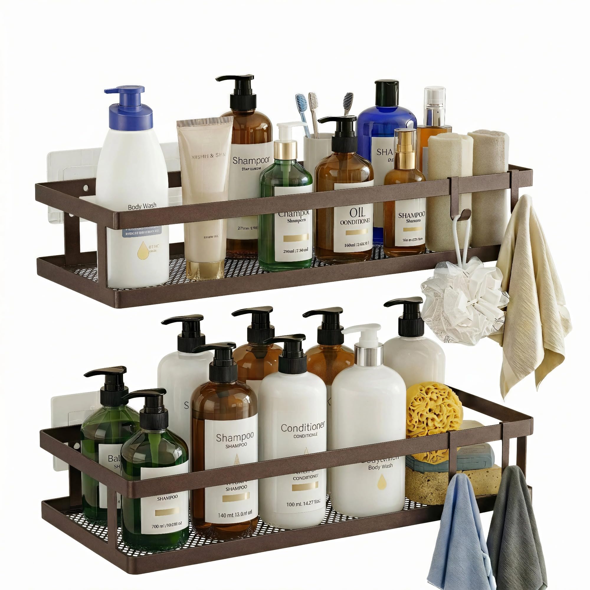 PUSDON 2-Pack Minimalist Shower Caddy Wall Mount, Open Frame Bathroom Shelf Organizer with Mesh Base, Rustproof Floating Spice Rack for Kitchen, Holds 50 LBS, 4 Hooks - Vintage Bronze, Guardrail