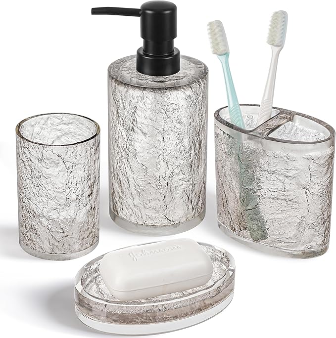 RQYIXI 4 PCS Resin Bathroom Accessories Set,Silver-Grey,Minimalist Luxury