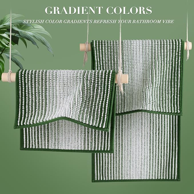 Bathroom Rugs and Mats Sets, 2 Piece Thick Absorbent Chenille Bath Mat Rug Set Non Slip, Soft Shaggy Bath Room Floor Mats for Bathroom, Machine Washable (Hunter Green, 20" x 47" Plus 20" x 32")