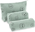Huhumy 3 Pcs Makeup Bag Set for Women Corduroy Cosmetic Pouch Aesthetic Smile Travel Toiletry Bag Cute Purse Pouch Pencil Case Makeup Brushes Storage Organizer with Zipper(Green,Smile Face)