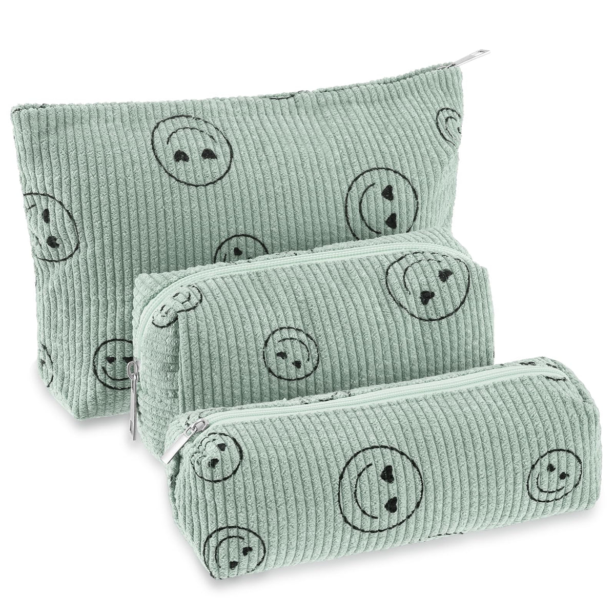Huhumy 3 Pcs Corduroy Makeup Bag Set for Women, Green, Smile Face