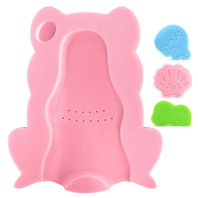 Baby Bath Sponge, Infant Comfy Soft Bath Sponges Mat, Natural Cute Shapes Skid-Proof Bathing Cushion for Toddler & Newborn, 4pcs Shape Style: Blue Dolphin, Pink Shell, Green Turtle and Big Pink Frog