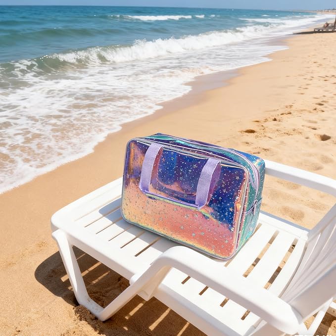TotePrint Holographic Purple Star Large Cosmetic Bag and Travel Pouch with Handle,Durable Material,Zipper Design-Ideal for Makeup,Travel Essentials (Purple Handle)