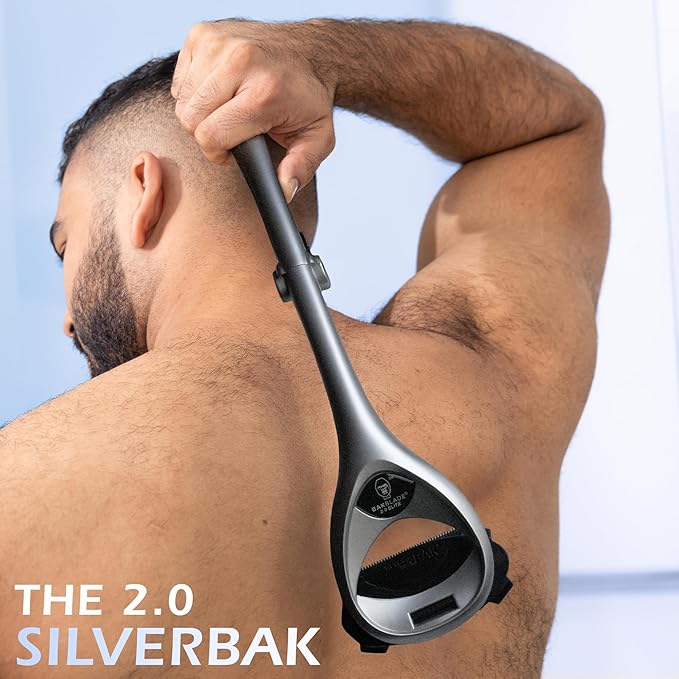 Bakblade 2.0 SilverBak Back Shavers for Men: DIY Hair Shaver, Safety Blade Technology & Ergonomic Handle, Wet & Dry Shaving (Extra Blades Included)