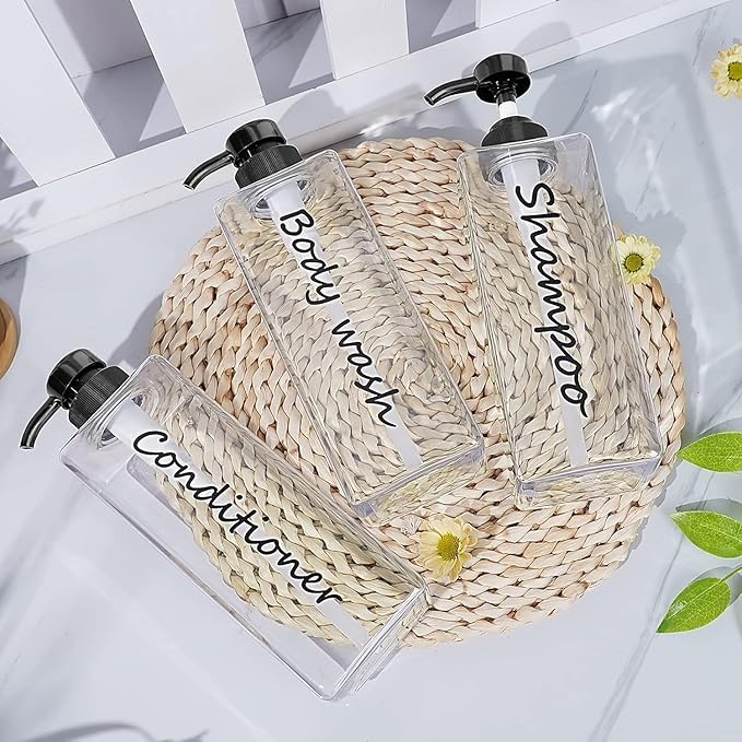 21oz Refillable Shampoo and Conditioner Bottles - Clear Set of 3 - Modern Shower Dispenser Set for Hotel Bathroom