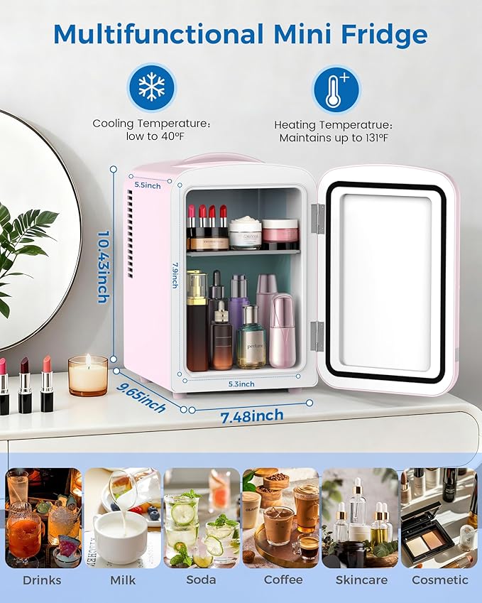 Electactic Mini Fridge for Skincare, 4L/6 Cans Small Cosmetic Fridge for Makeup & Beverage, Portable Desk Fridge Cooler and Warmer for Kids, Bedroom, Countertop, Pink