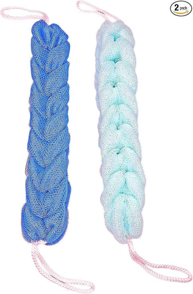 Long Stretch Back Sponge with Rope Handles Back Scrubber Bath Shower Mesh Sponge Exfoliating Body Scrub Stretch Braided Loofah for Men and Women(2-Pack,Blue Green)