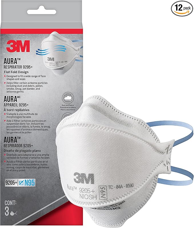 3M Aura Particulate Respirator 9205+ N95, Lightweight, 3 Panel Designed Helps Provide Comfortable and Convenient Respiratory Protection, 3-Pack