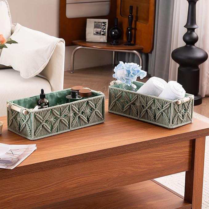 Nonam Macrame Storage Baskets, Boho Decor Style Woven Storage Boxes for Home Organization, Toilet Tank Shelf Cabinet Organizer Baskets,Set of 2,Green