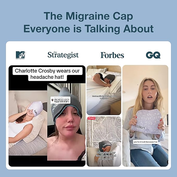 MyHalos® Migraine Relief Cap,30% Thicker,2X More Cooling Gel -Stays Colder for Longer, Ice Hat, Ice Pack Head Wrap, Cold Headaches & Migraine Mask - Tension Headache Relief Cap (Gray) FSA|HSA Eligible