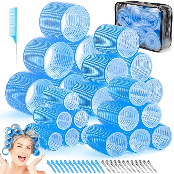 obeoby 4 Sizes Hair Rollers Curlers Set with Clips for Women Girls, Blue