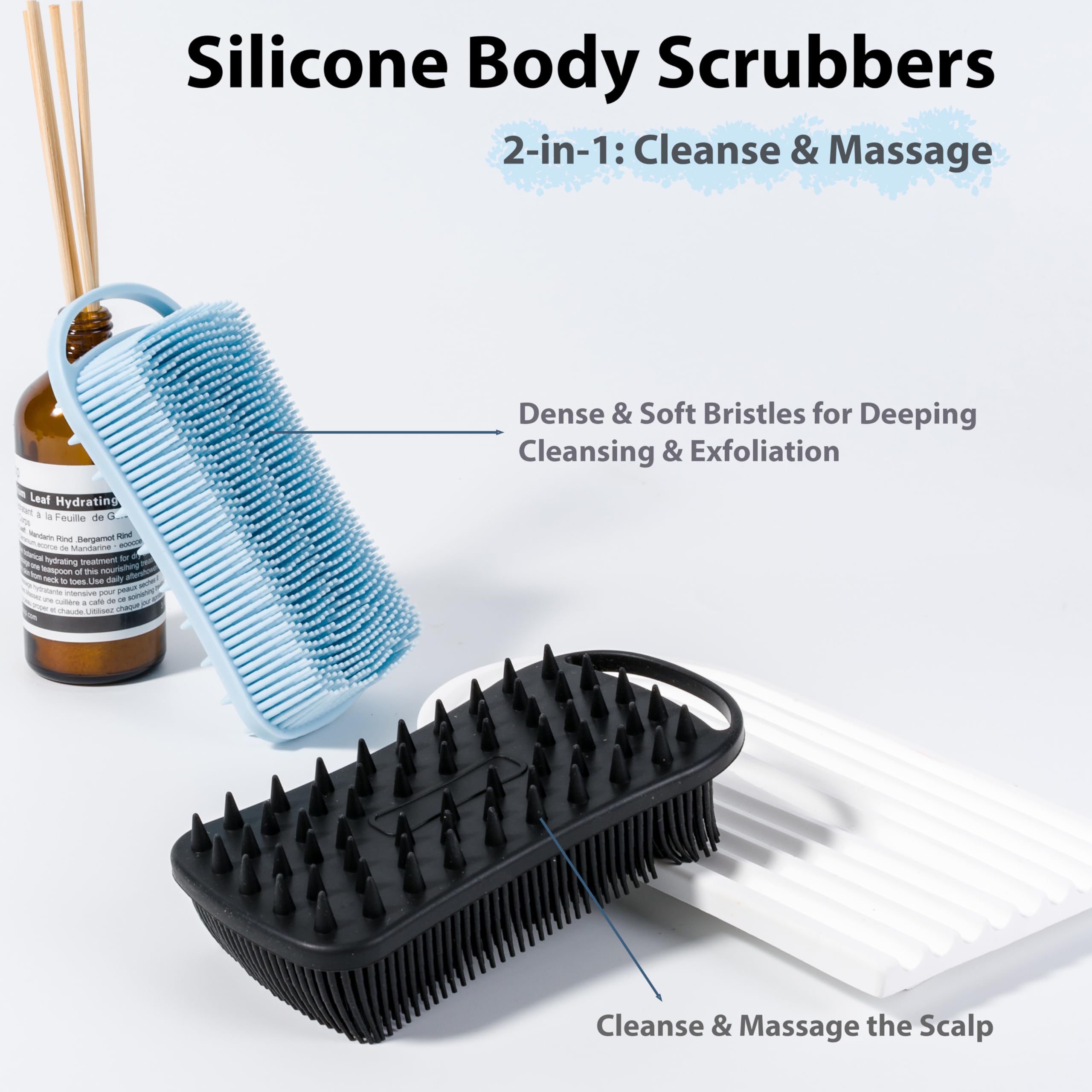 MtBoi 2 PC Silicone Body Scrubber, 2 in 1 Exfoliating Shower Bath Scrubber, Soft Silicone Loofah for Sensitive Skin, Shower Hair Scalp Massager, Easy to Clean, Lather Well (Blue&Black)