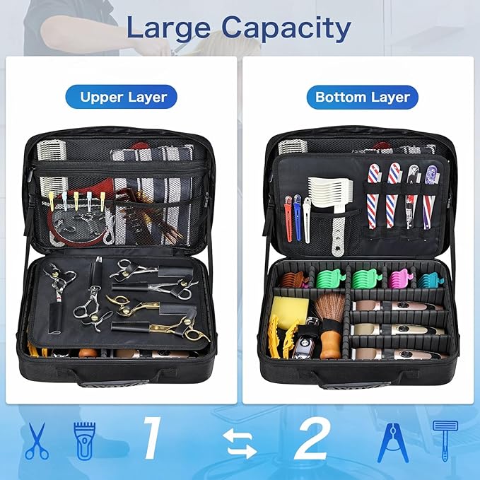 Yueieoun Professional Barber Clipper Case Organizer Bag with Adjustable Dividers, Detachable 6-Slot Scissors Panel, Travel Grooming Tool Storage - Fits Wahl/Andis/Hatteker