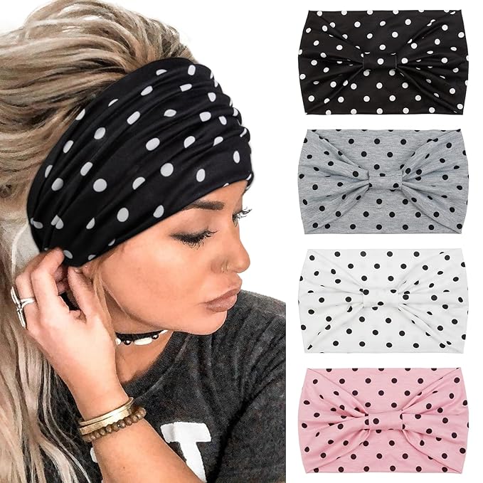 Huachi 4 Packs Polka Dot Headbands for Women Wide Knotted Non Slip Fashion Vingate 1950s Head Bands for Women’s Hair Large African Bandana Hairbands Yoga Running Sports Workout Thick Turban