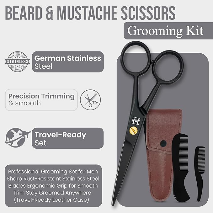 WAJEES Beard & Mustache Scissors –5" Stainless Steel Grooming Kit with Case
