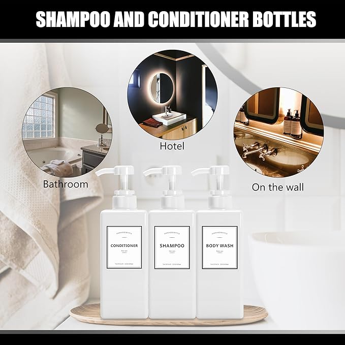 YACEYACE Shower Dispenser Set, 3 White Refillable Bottles, 22oz Large, Shampoo, Conditioner, Body Wash