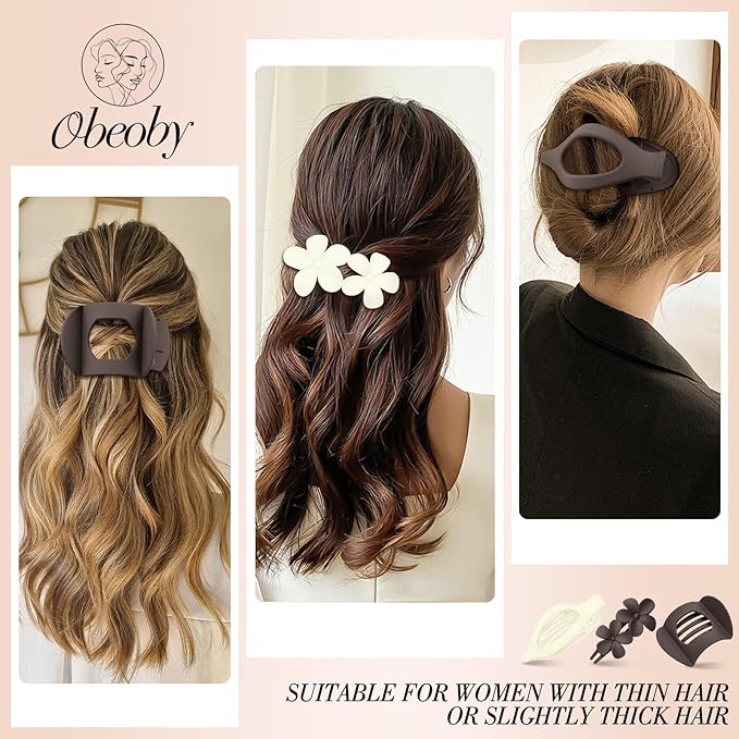 Obeoby 8 Pcs Flat Hair Clips for Women, 4 Types French Flat Claw Clips Hair Barrettes Accessories Large Medium (Beige, Dark Brown)