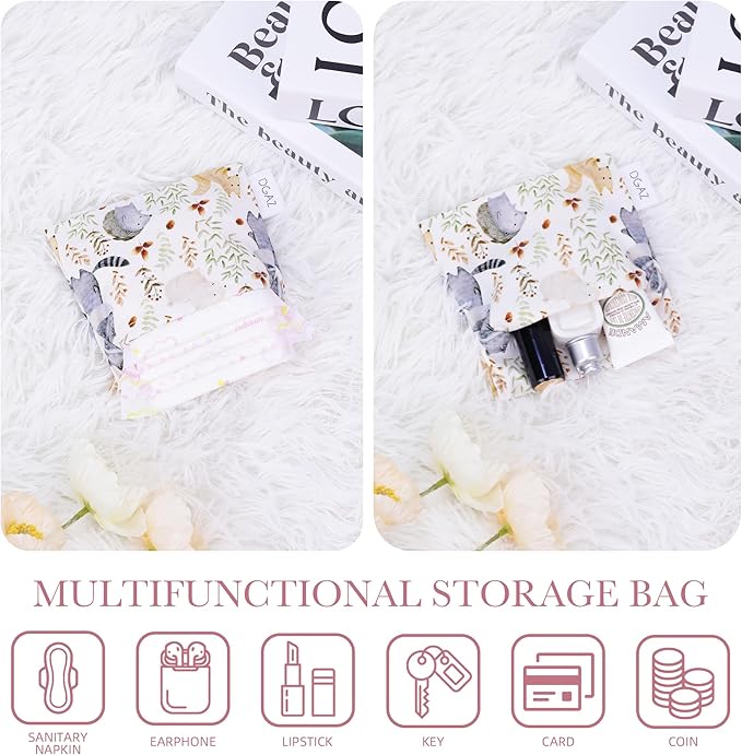 DGAZ Sanitary Napkin Storage Bag, Period Bag for Teen Aged Girls, Portable Period Bag for Panty Liners/Menstrual Cup/Small Tampons，Mini Makeup Bag for Purse(Zoo)