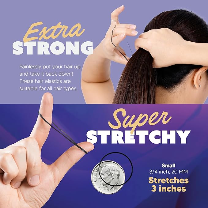 Hair Elastics - Ouchless No Damage Elastic Hair Bands (Black - Small)