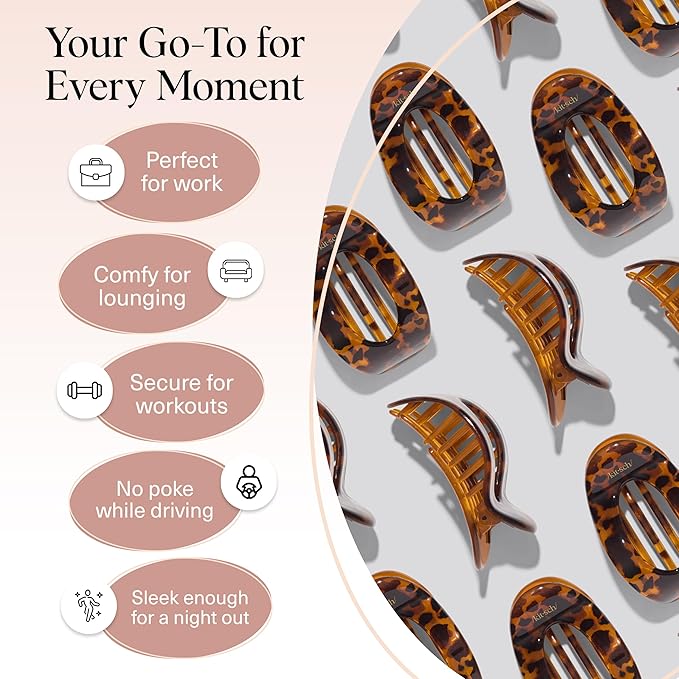 Kitsch Small Flat Claw Clips for Women - Stylish Flat Hair Clips, Strong Hold for Thick & Fine Hair | Non-Slip for Secure, Comfortable All-Day Wear -Tortoise Design