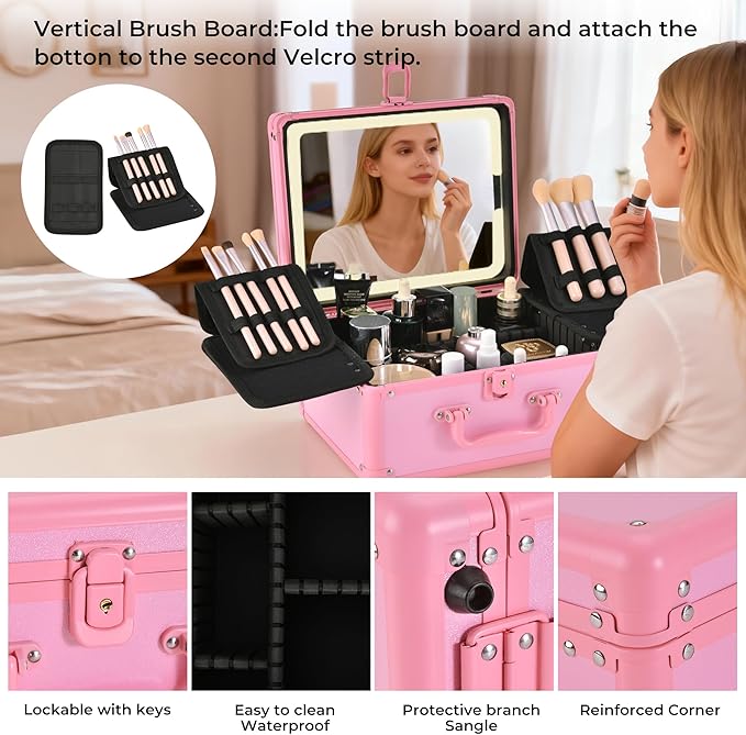 GALHUBIS Makeup Case with Lighted Mirror, Makeup Box Organizer with Detachable LED Mirror, Travel Makeup Train Case, Waterproof Cosmetic Organizer, Standing Brush Holder, Gift, Pink