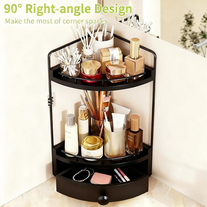 Aollewoiti 2-Tier Corner Bathroom Counter Organizer with Drawer, Black