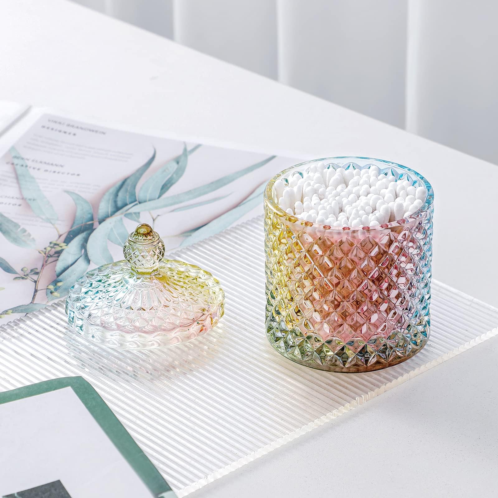rejomiik 2 Pack Qtip Holder Apothecary Jars with Lid, Thick Glass, Rainbow