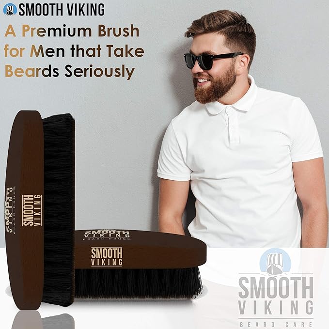 Smooth Viking Beard Brush for Men & Beard Comb Set - Beard Kit for Men with Natural Boar Bristle Barber Brush & Wooden Comb, Facial Hair Grooming & Shaping Tool Gift Set for Hair Products - Brown