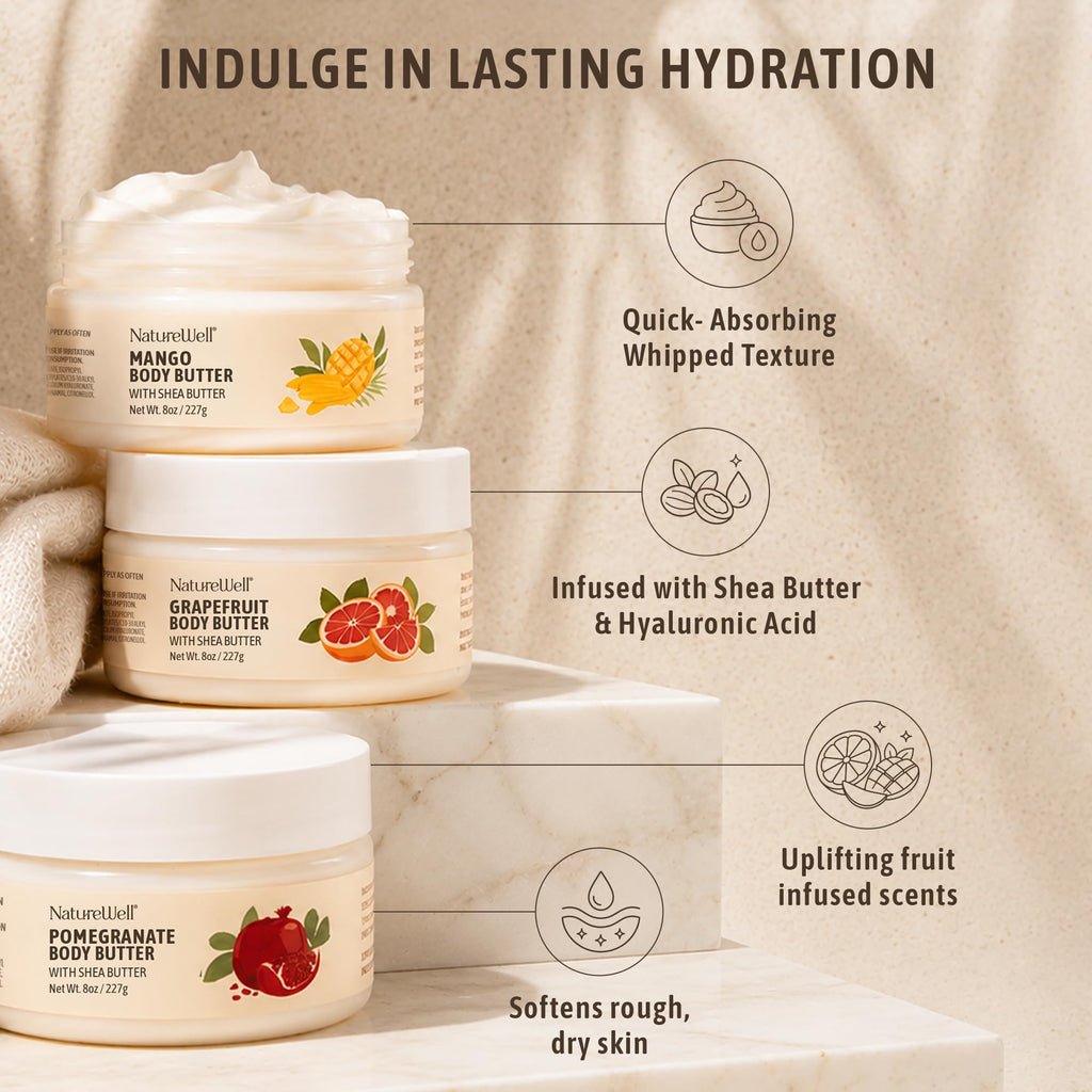 NATURE WELL Shea Body Butter Variety Pack, Includes Grapefruit, Mango, & Pomegranate, Provides Ultimate Nourishment & Hydration, 3 Pack (8 Oz Ea)