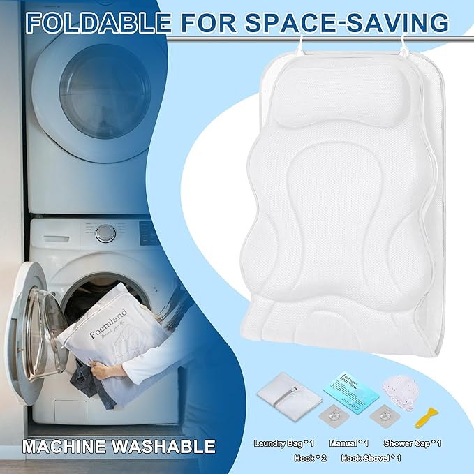 Poemland Full Body Bath Pillow for Tub - Extra Long & Thick Tub Pillow with Head, Back & Lumbar Support, 168 Non-Slip Suction Cups, Soft 5D Mesh Spa Cushion, Fits All Tubs-Gift for Soaking(White)