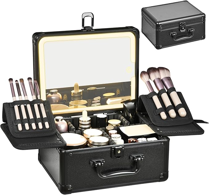 GALHUBIS Makeup Case with Lighted Mirror, Makeup Box Organizer with Detachable LED Mirror, Travel Makeup Train Case, Waterproof Cosmetic Organizer, Standing Makeup Brush Holder, Gift, Black