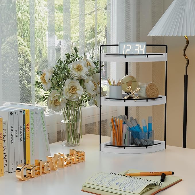 CeleVista Corner Bathroom Counter Organizer, 3 Tier Bathroom Sink Shelf Countertop, Wood Vanity Skincare Storage for Toiletries Decor, Makeup, Dresser (White)