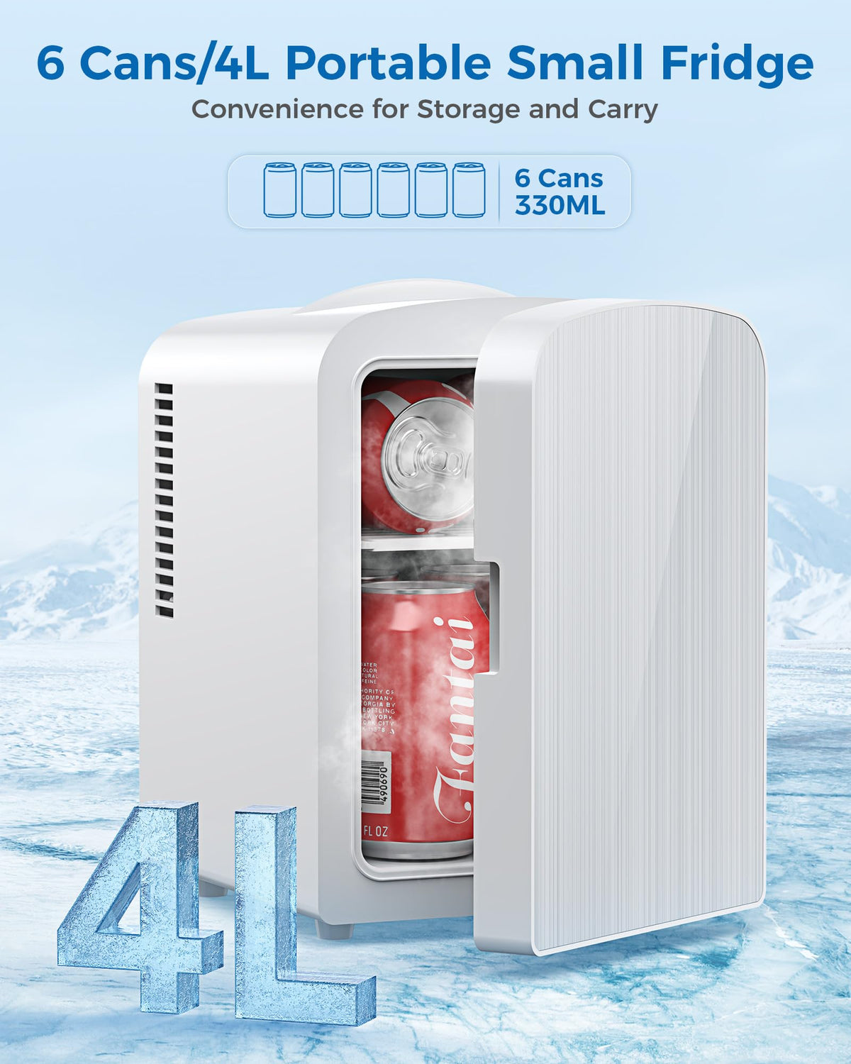 Electactic 4L/6 Cans Mini Fridge for Bedroom, Dorm, Makeup, White