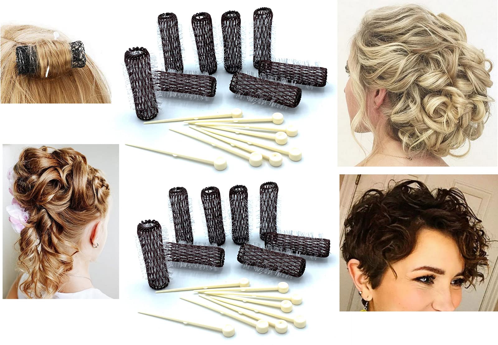 16 pc Vintage Style Hair Roller Mini Small Brush Rollers Mesh Curlers Bristles 2"x 1/2" Flexible Locking Pins Small Curls Short Hair