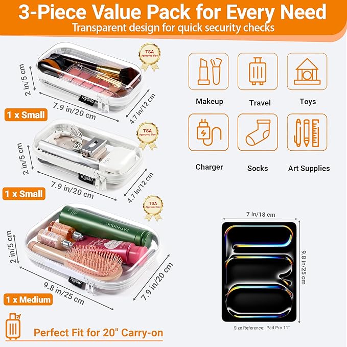 YQBRAO Clear Hard Shell Organizer Cases, 3-Pack, White