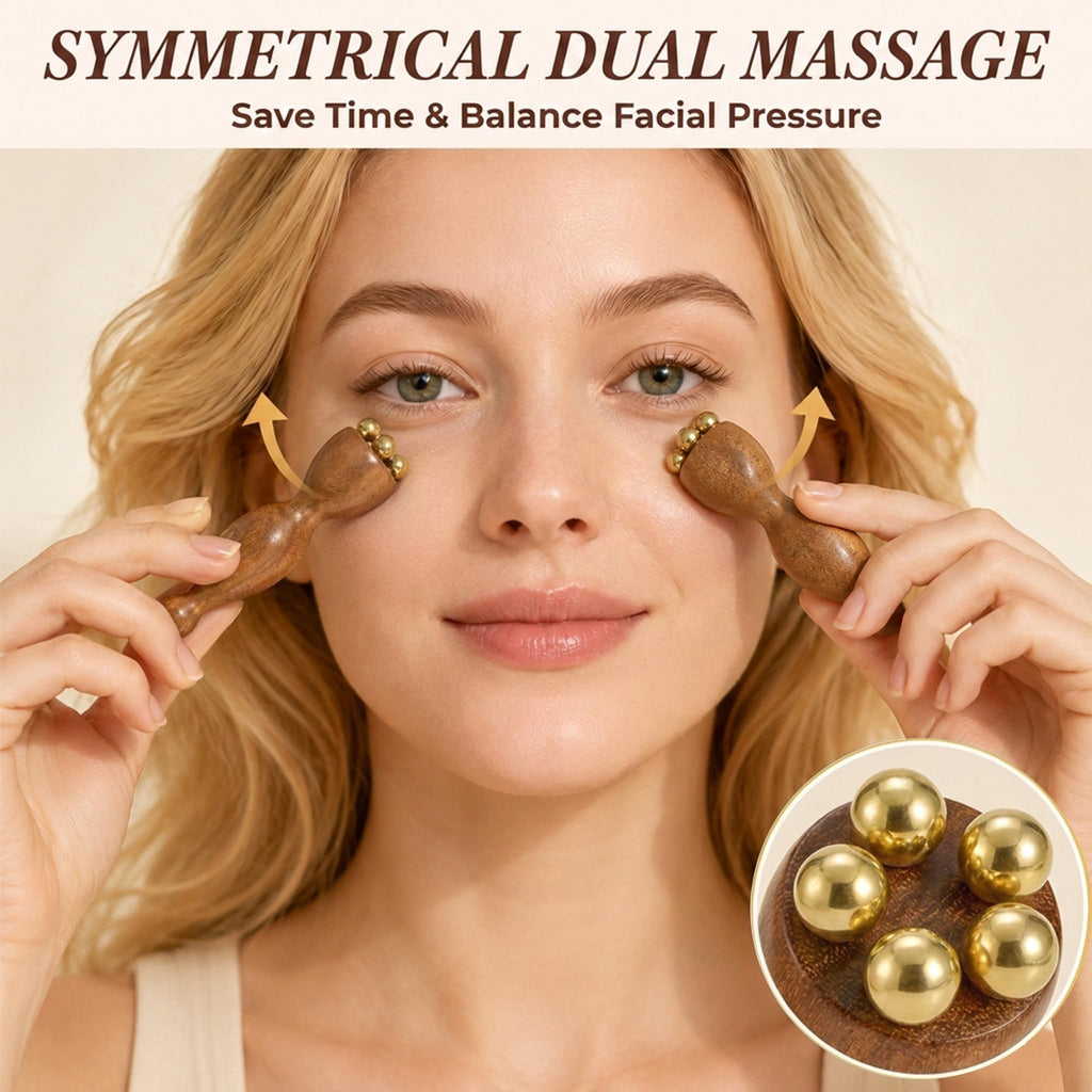 Sandalwood Facial Massage Tool, Dual Head Eye Massager with 5 Copper Beads