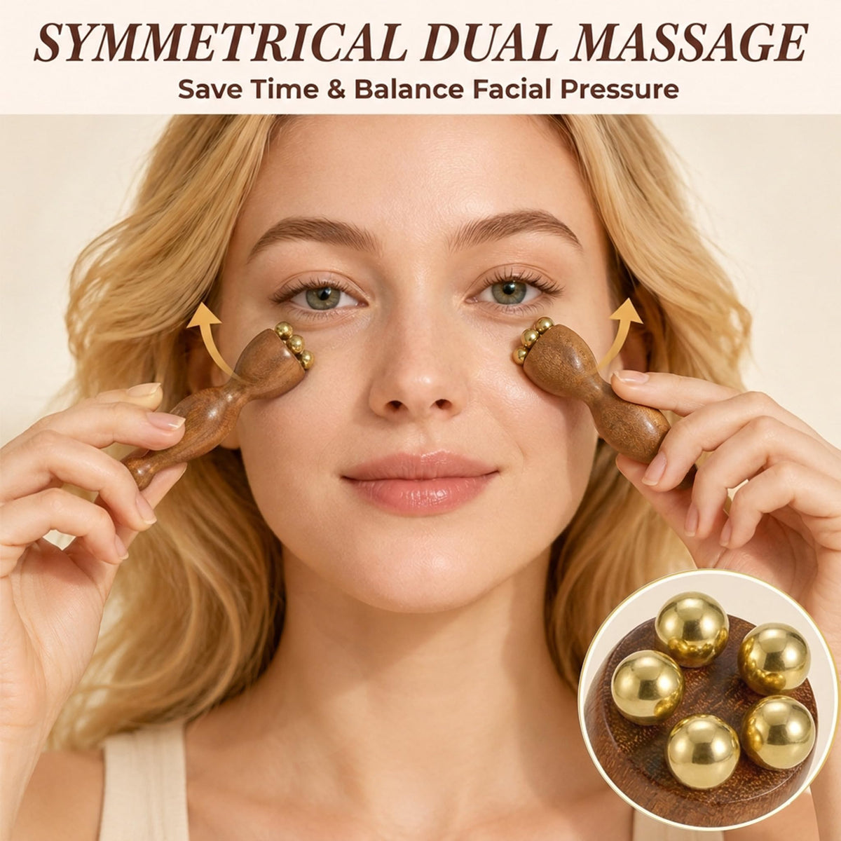 Sandalwood Facial Massage Tool, Dual Head Eye Massager with 5 Copper Beads