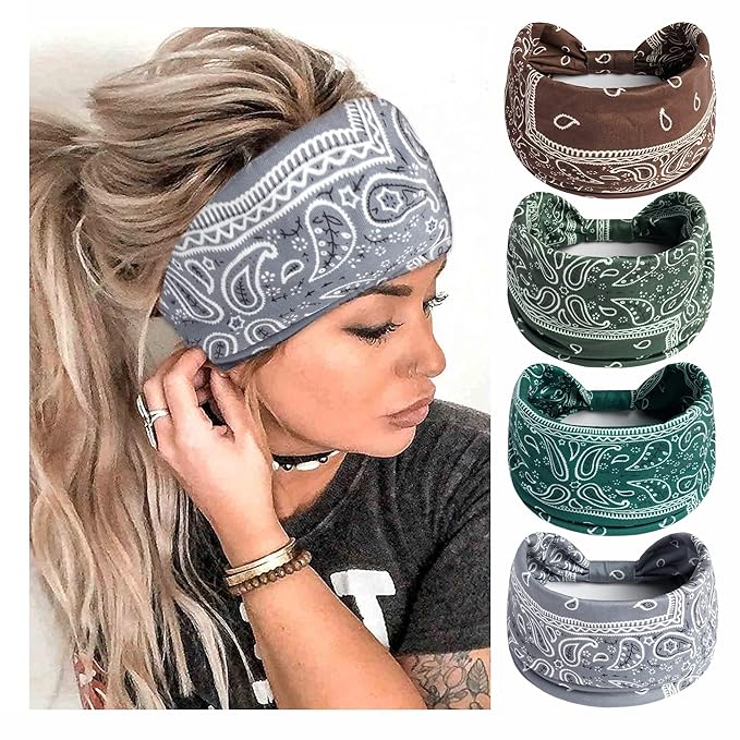 Boho Headbands For Women Fashion Stretch Wide Hair Bands Knoted Turban Head Bands Yoga Running Sweatband Elastic Headband Stylish Wrap Headbands Hair Accessories for Teen Girls 4 Pack
