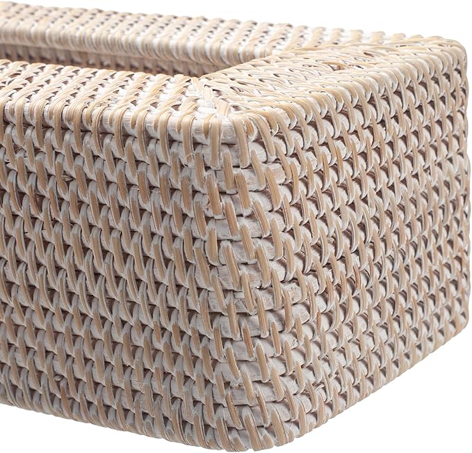 Rattan Tissue Box Cover, Rectangular Wicker Tissue Box Holder, Decorative Woven Facial Tissue Holder for Bathroom, Kitchen, Living Room, Bedroom (Whitewash)
