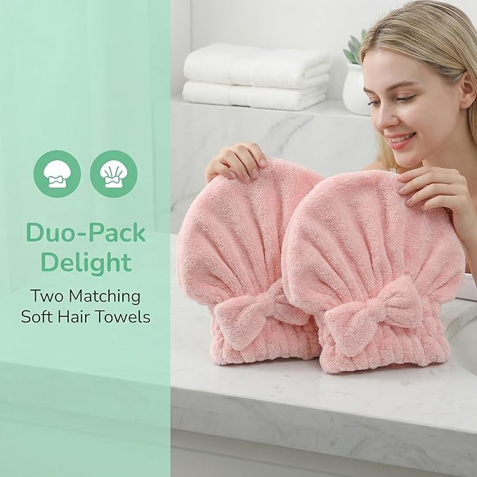 Cute Bow Microfiber Hair Towel for Girls, Quick Drying Hair Turban for Women Kids, Super Absorbent Anti Frizz Hair Cap for Curly Thick Hair, Lightweight Travel Towel (Two Pink)