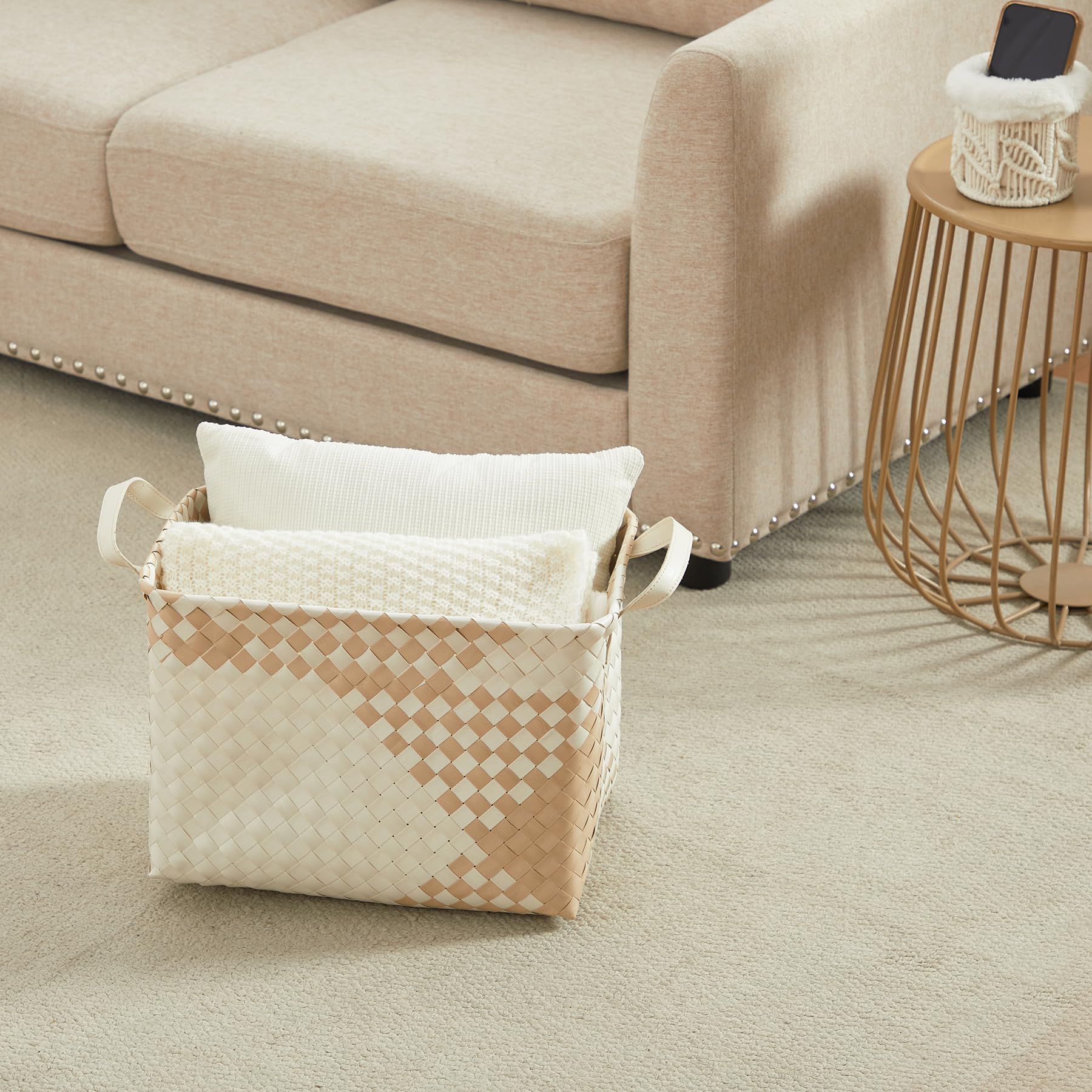 BROWNLILY Handwoven Clothes Basket Laundry Hampers Large Wicker Storage Baskets for Shelves Blankets Closet Storage Bins Car Bedroom Bathroom Organizers and Storage (Pack of 4, Khaki & Ivory White)