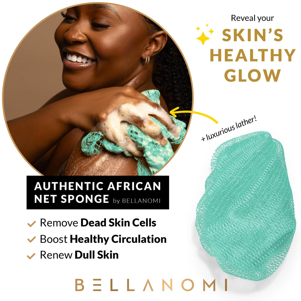 BELLANOMI African Exfoliating Net Sponge, Authentic, Ethically sourced from Nigeria, 45 inches Long, Back Scrubber for Daily use (Seafoam)