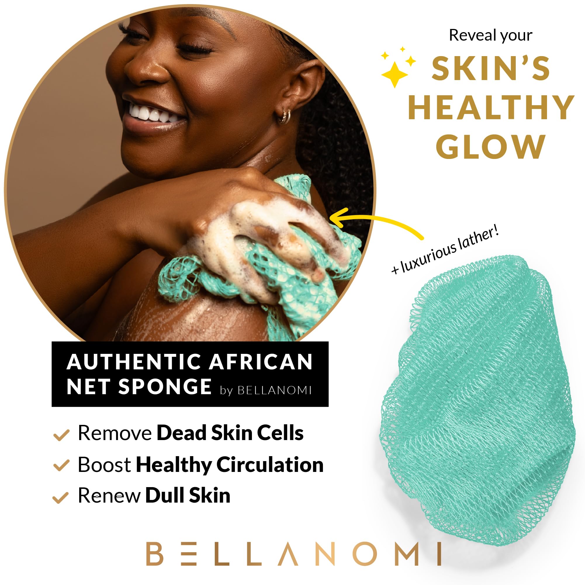 BELLANOMI African Exfoliating Net Sponge, Authentic, Ethically sourced from Nigeria, 45 inches Long, Back Scrubber for Daily use (Seafoam)
