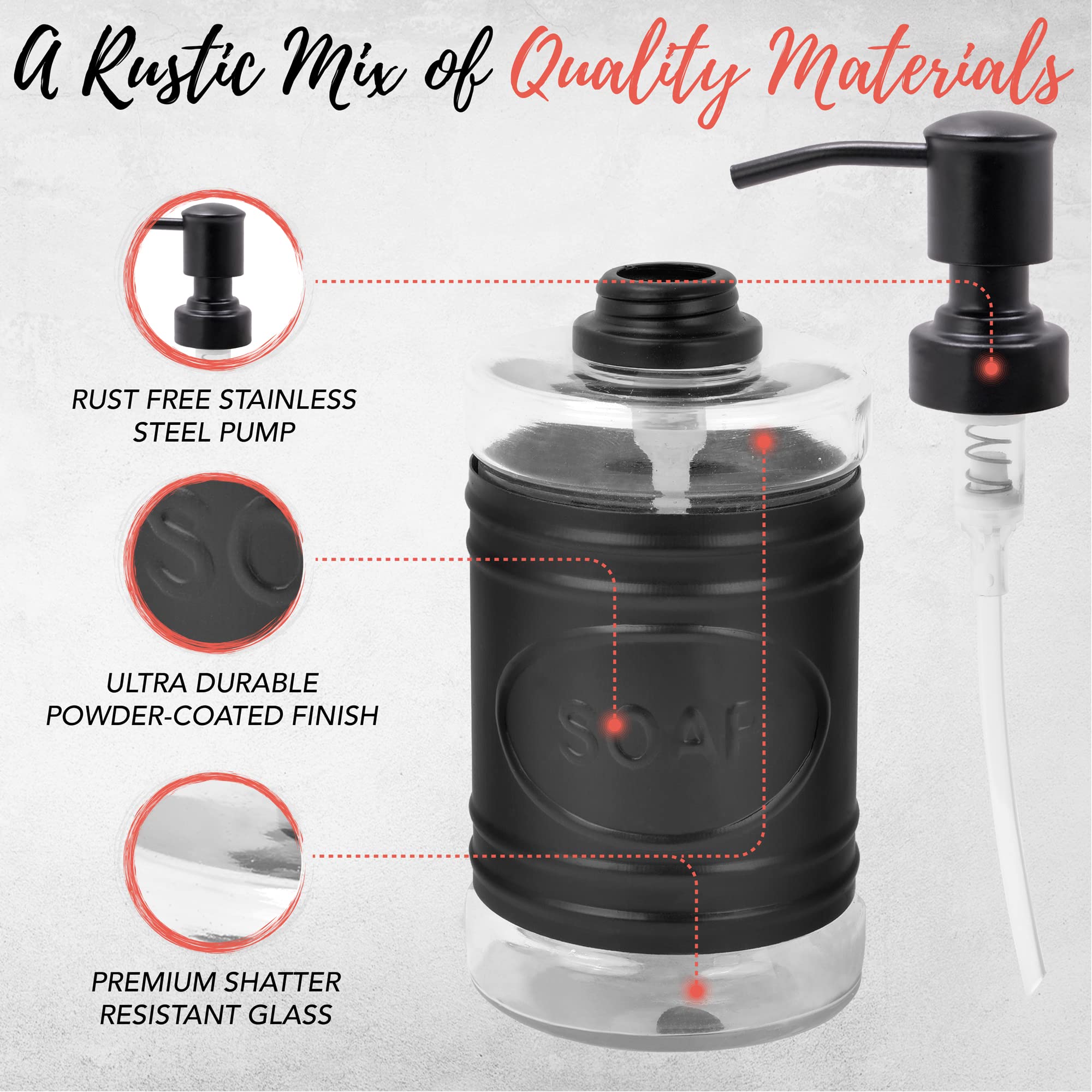 Autumn Alley Farmhouse Matte Black Bathroom Accessories Set (4 PCS) - Lotion Soap Dispenser, Black Toothbrush Holder Set, 2 Glass Apothecary Jars (Qtip Holder) - Rustic Bathroom Accessories Set