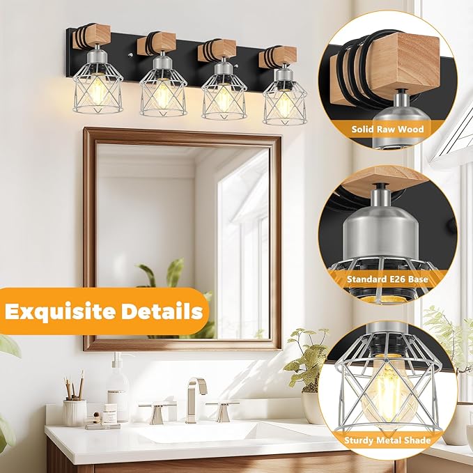 FadimiKoo Farmhouse Vanity Light for Bathroom, 4-Light Rustic Wood Black Bathroom Light Fixtures with Elegant Silver Metal Cage, Vintage Vanity Lights Over Mirror for Living Room Bedroom Hallway