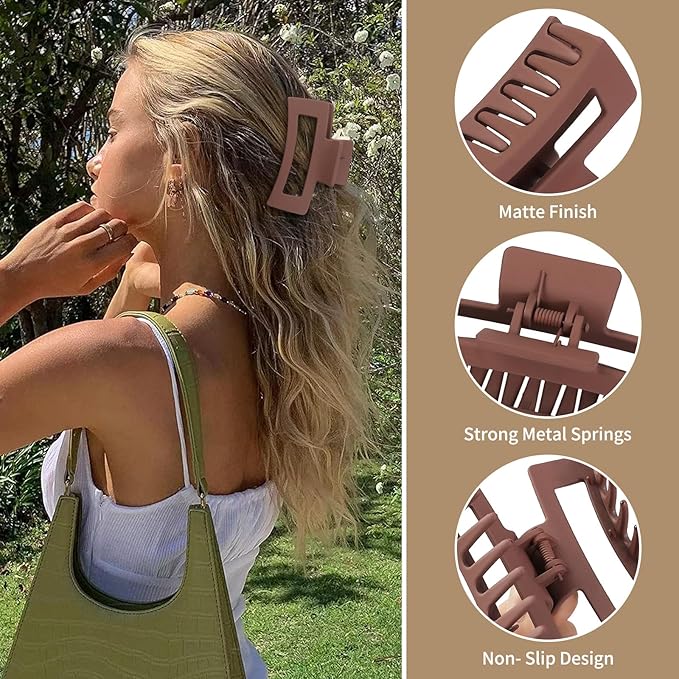 Sisiaipu 3.5 Inch Medium Hair Claw Clips 6 Pack Hair Clips for Women Square Rectangle Claw for Hair Banana Jaw Clips Hair Accessories for Girls -Brown Scarlet