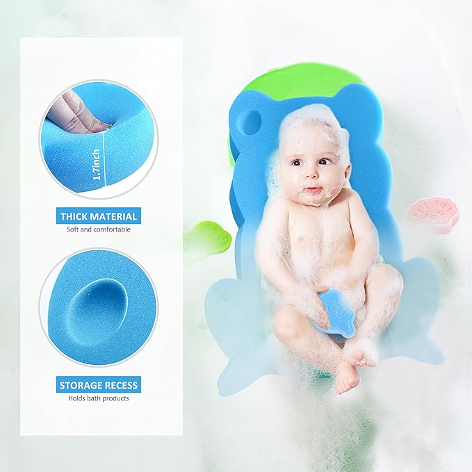 Baby Bath Sponge, Infant Comfy Soft Bath Sponges Mat, Natural Cute Shapes Skid-Proof Bathing Cushion for Toddler & Newborn, 4pcs Shape Style: Blue Dolphin, Pink Shell, Green Turtle and Big Blue Frog