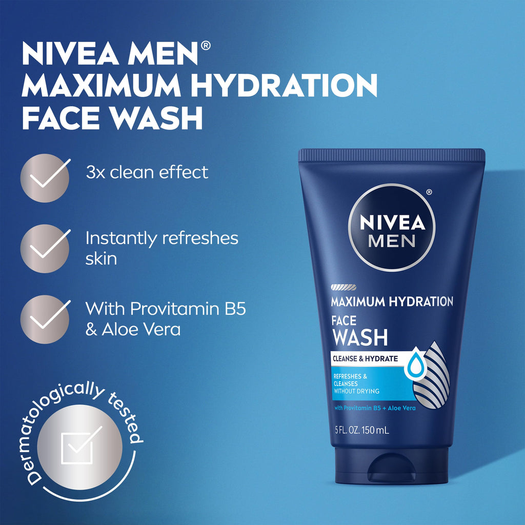 NIVEA MEN Maximum Hydration Face Wash, Face Wash with Provitamin B5 and Aloe Vera, Refreshes and Cleanses without Drying, 5 Fl Oz Tube