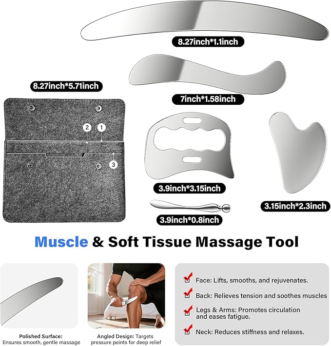 304 Stainless Steel Guasha Muscle Scraper Set, 5 in 1 Gua Sha Massage Kit and Derma Edge Scraping Tools for Physical Therapy- Deep Tissue Massage Scraper Tool for Body and Face Relaxation (Grey)